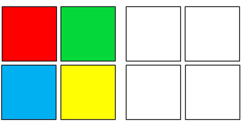 A 2 panel image of 4 squares in each panel. Left panel: top left square red, top right square green, bottom left square blue, bottom right square yellow. Right panel: All 4 squares show no color so that when you stare at left image you see color aftereffects in right image