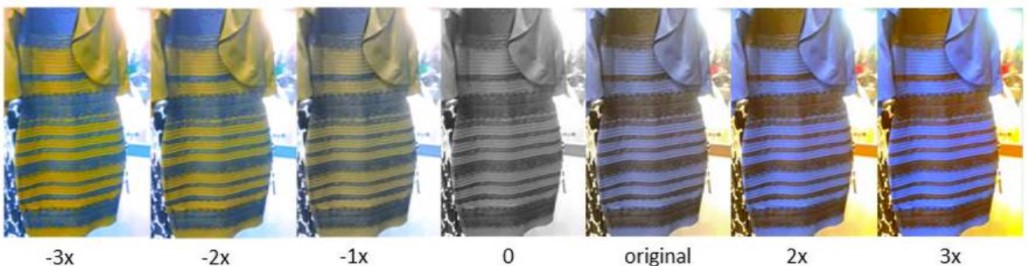 Single image showing 7 color variations of the famous &quot;the dress&quot; illusion. Leftmost photo of the dress contains bright yellow colors, which fade as you shift to the rightmost dress image, which is primarily blue